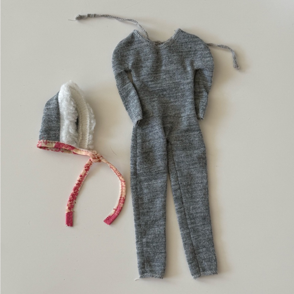 Vintage Barbie Doll knit gray and pink snowsuit